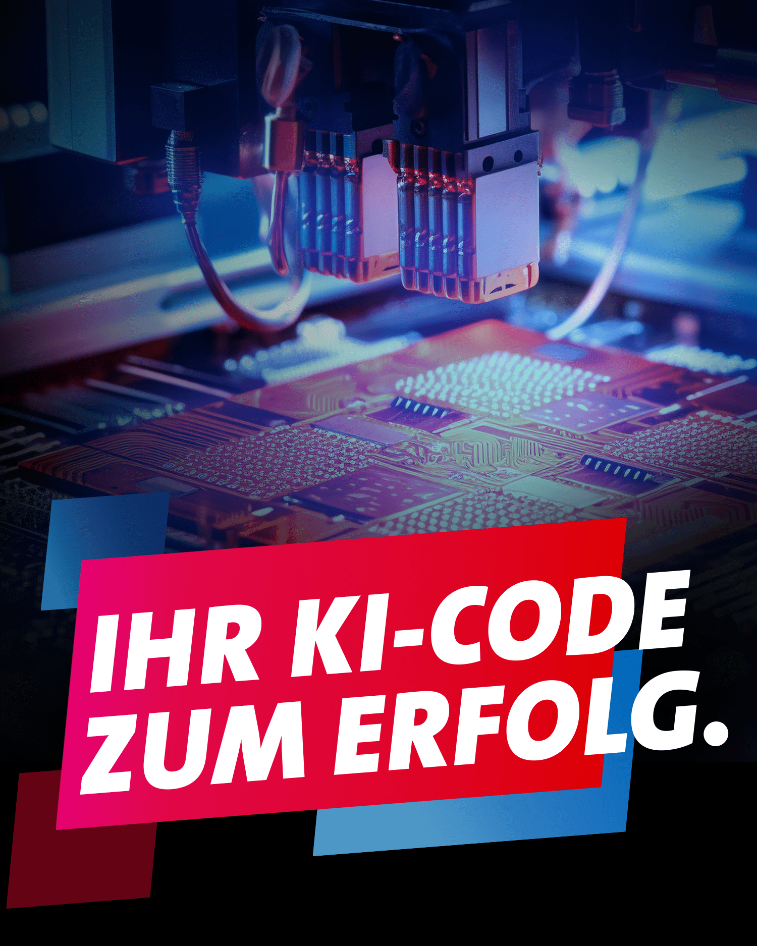 Der Text „IHR KI-CODE ZUM ERFOLG“ in Weiß auf Rot, vor blauem Hintergrund