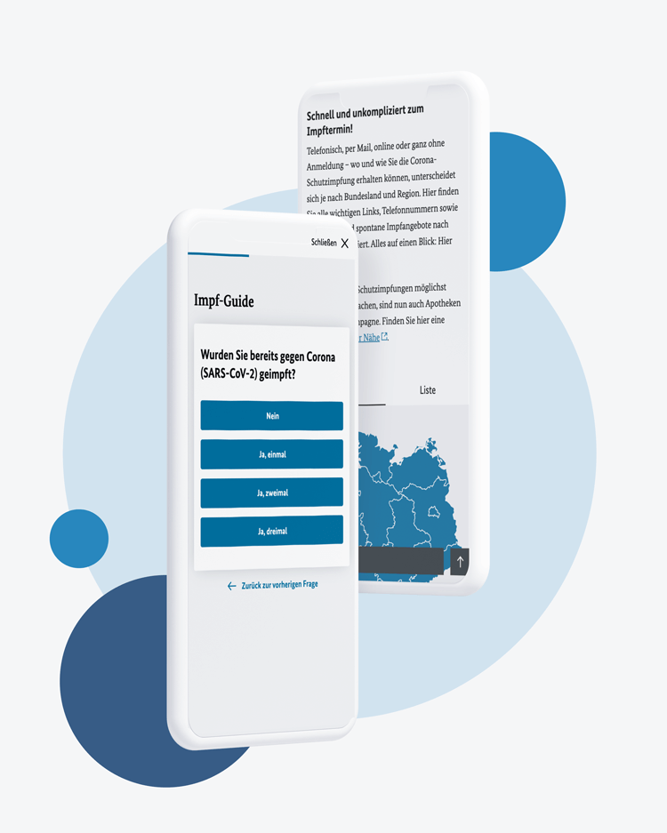Weißer Hintergrund mit blauen Kreisen davor 2 Handys mit Texten zum Thema Corona