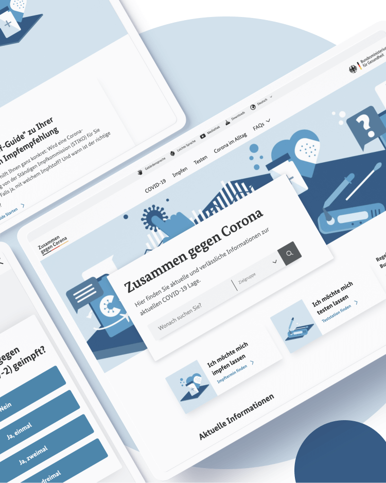 Weißer Hintergrund mit blauen Kreisen davor 3 Tablets mit Texten zum Thema Corona