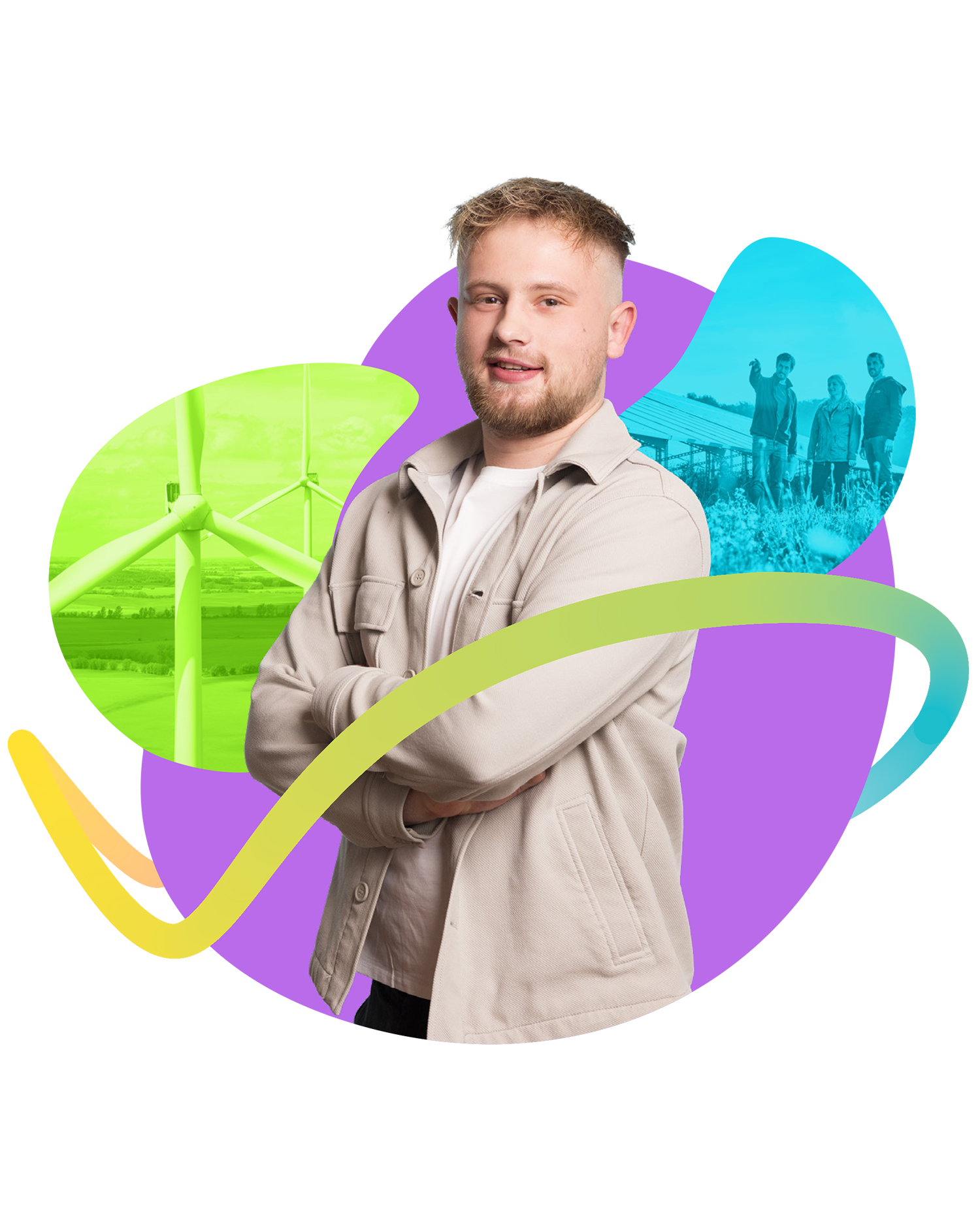 Ein Mann steht mit verschränkten Armen vor einem bunten Hintergrund 