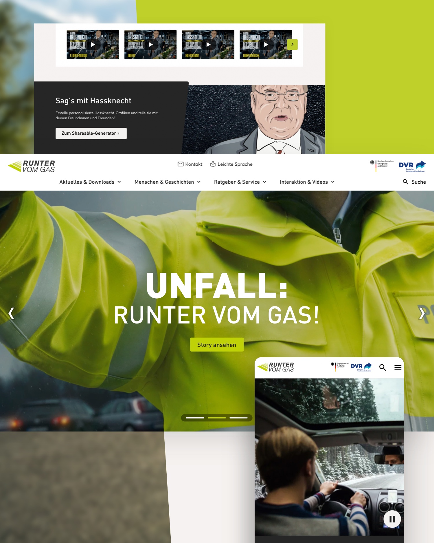 Drei unterschiedliche Ansichten von RUNTER VOM GAS auf einem Handy und einem Tablet