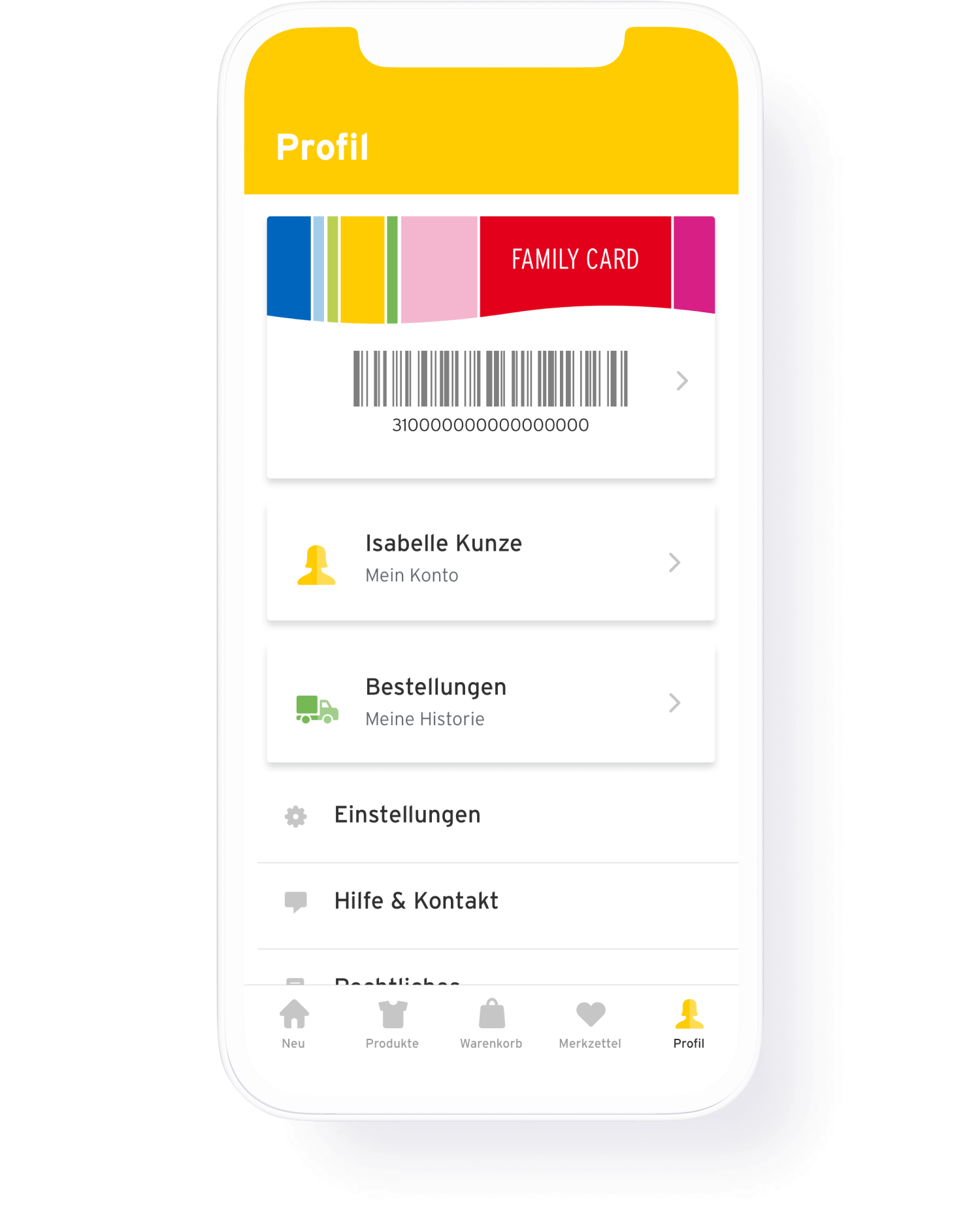 Auf einem Handy ist ein Profil der Family Card abgebildet