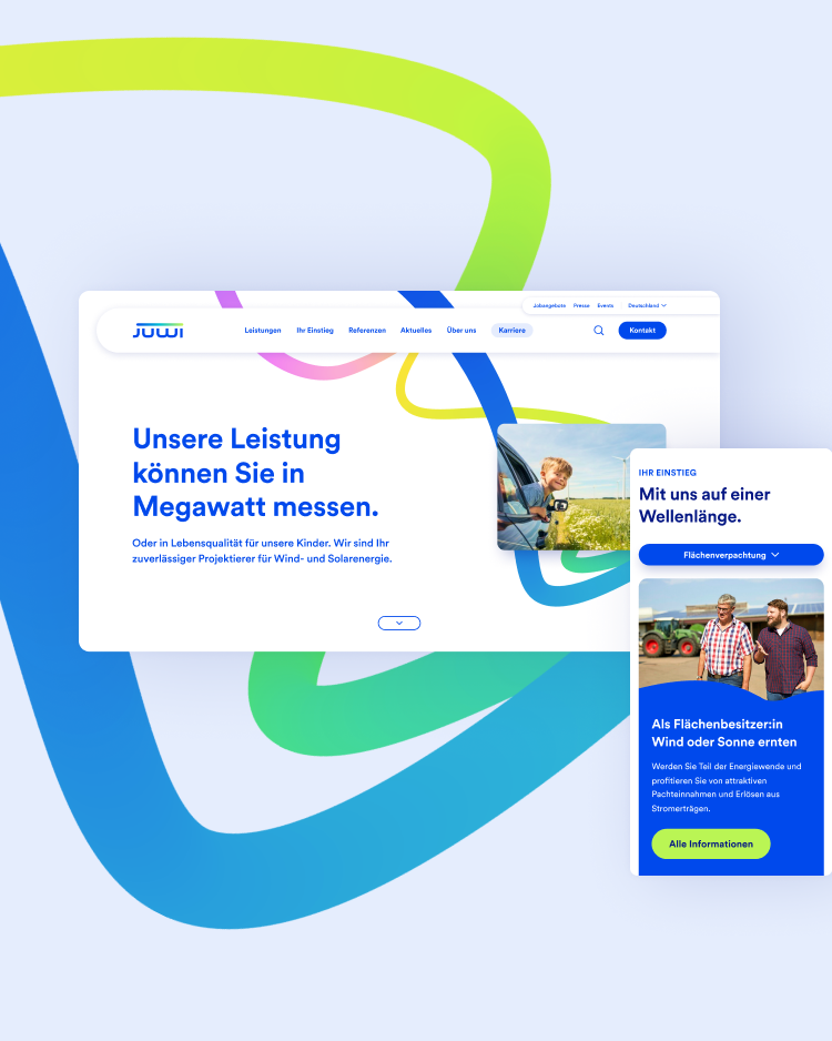 Zwei Ansichten der JUWI Website mit dem Text „Unsere Leistung können Sie in Megawatt messen“