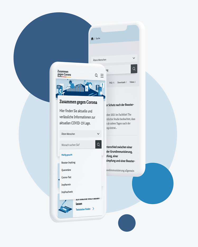 Weißer Hintergrund mit blauen Kreisen davor 2 Handys mit Texten zum Thema Corona