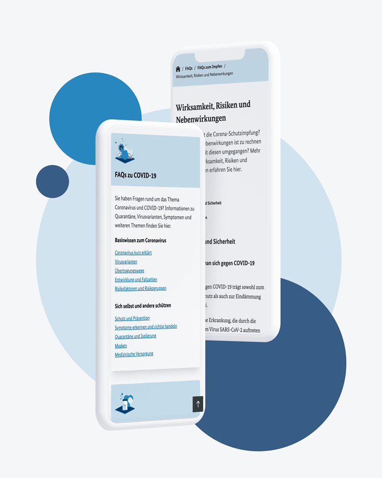 Weißer Hintergrund mit blauen Kreisen davor 2 Handys mit Texten zum Thema Corona