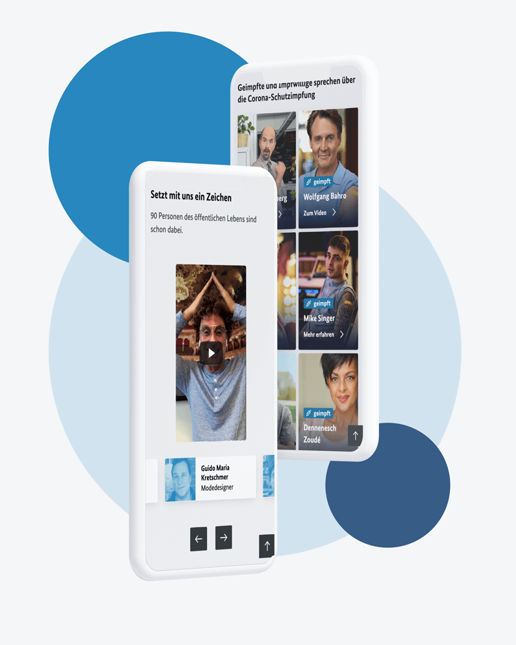 Weißer Hintergrund mit blauen Kreisen davor 2 Handys mit Texten zum Thema Corona