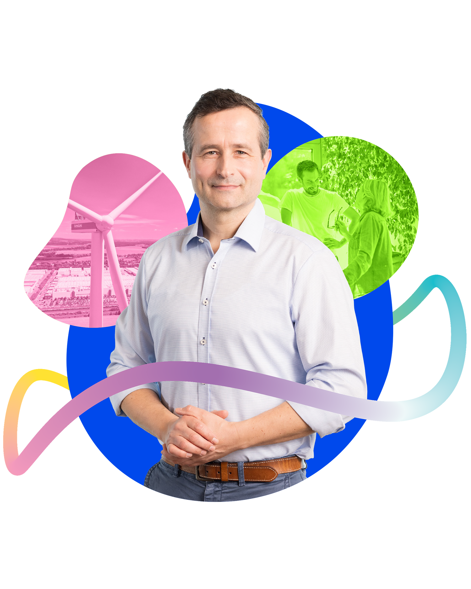 Ein Mann steht vor einem bunten Hintergrund 