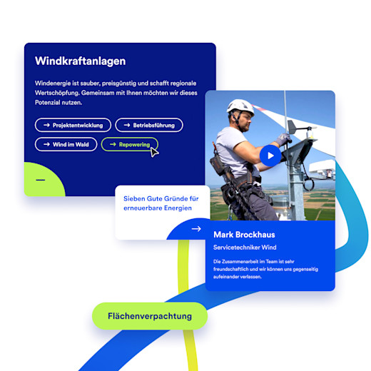 Case | JUWI | Content Image 2 Zwei Ansichten der JUWI Website mit der Headline „Windkraftanlagen“