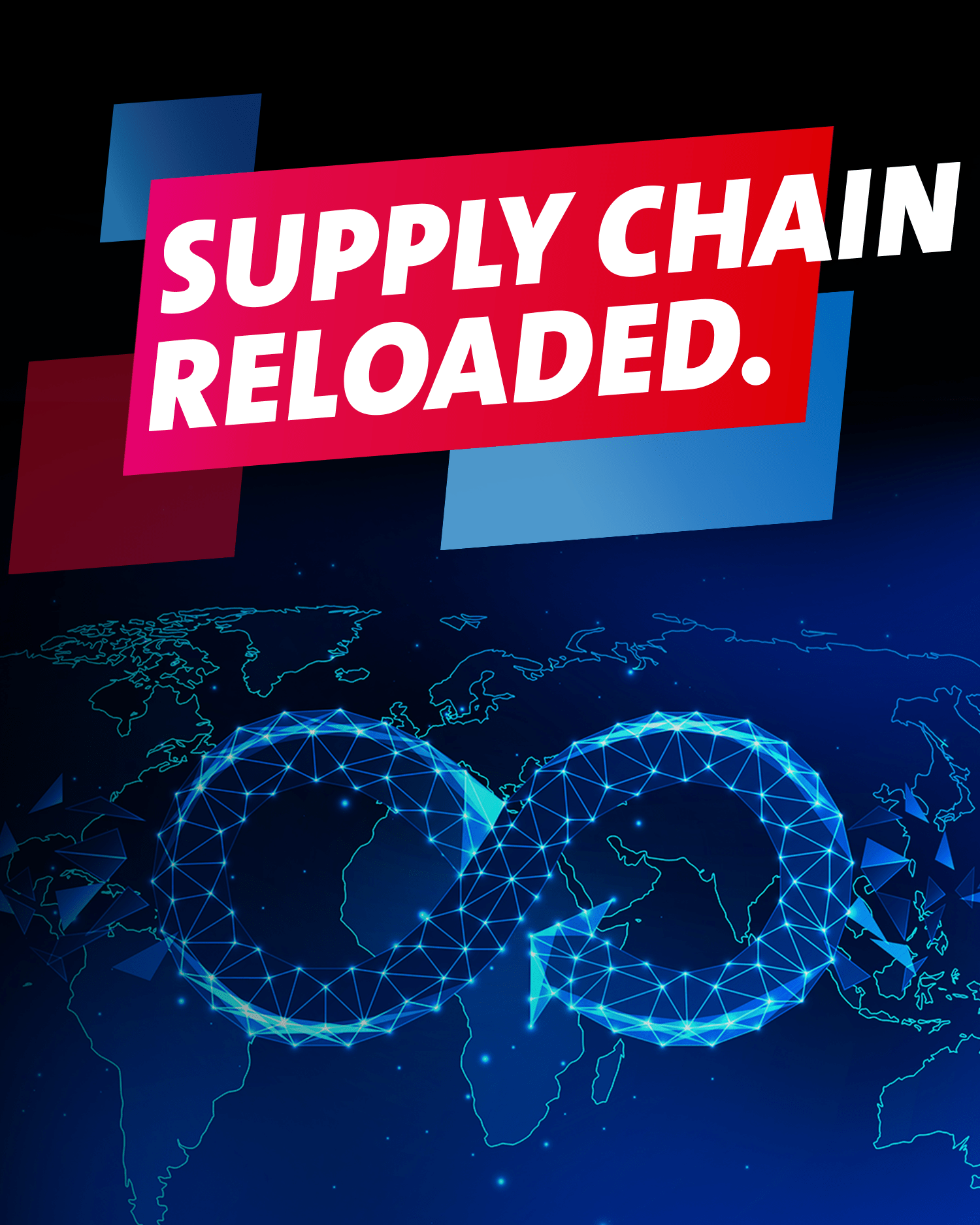 Der Text „SUPPLY CHAIN RELOADED" in Weiß auf Rot, vor blauem Hintergrund