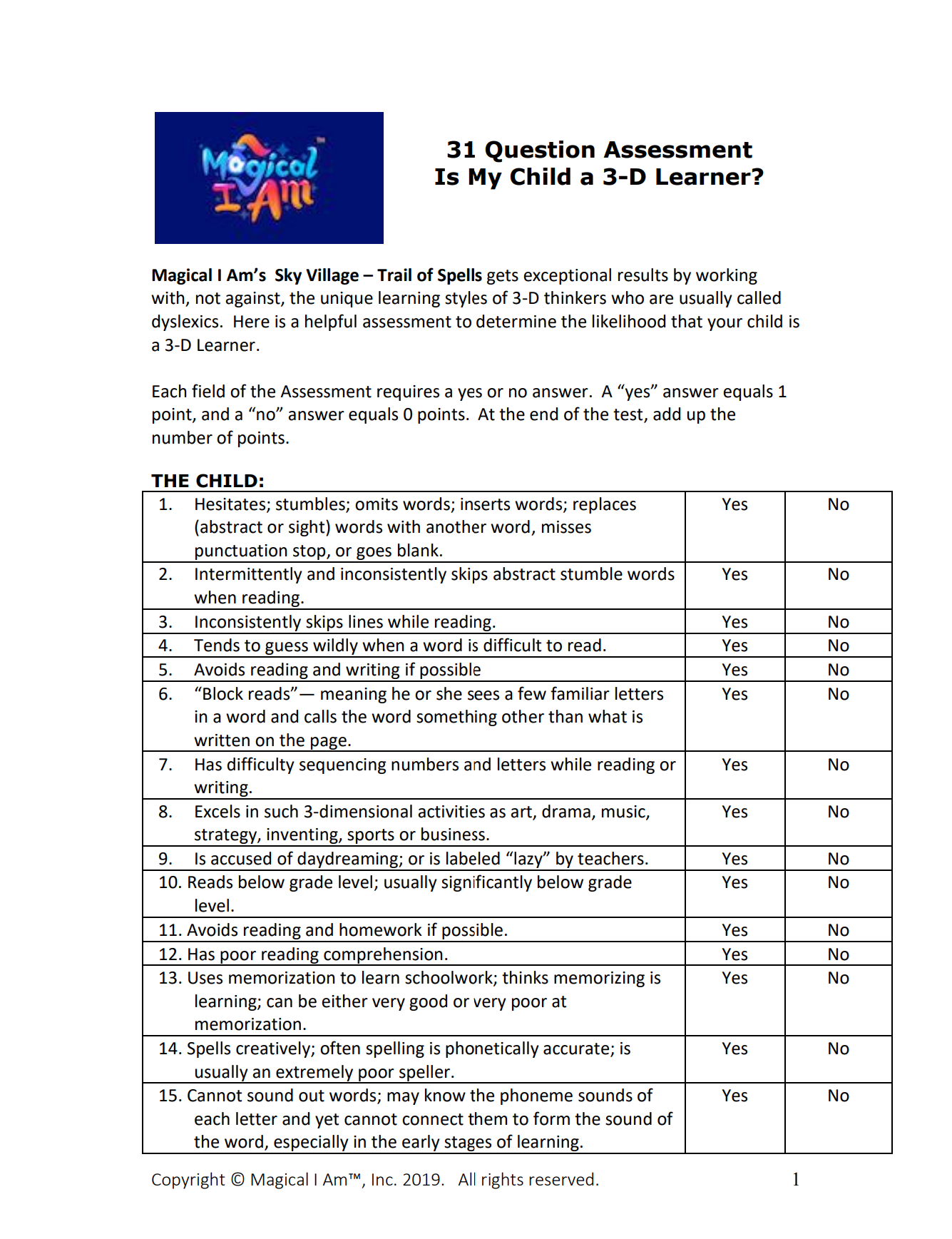 Dyslexic 3-D Learner Assessment page 1