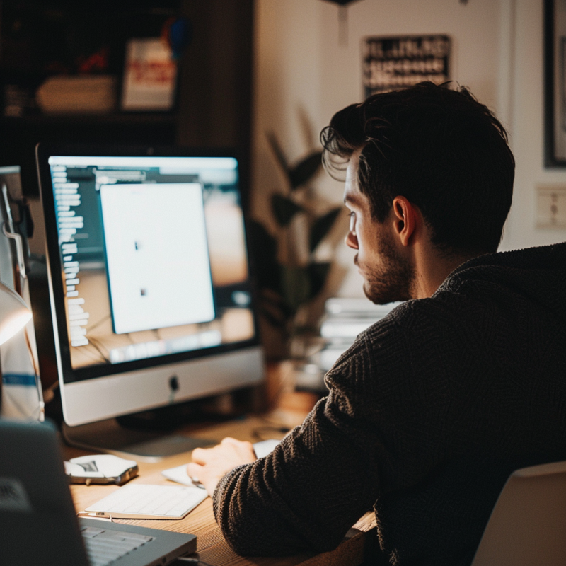 a freelance worker sits in front of a laptop