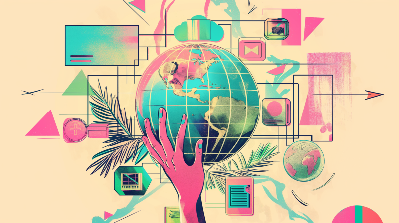 Illustration of a hand reaching toward a globe, symbolizing global connectivity with icons for technology, communication, and healthcare benefits.