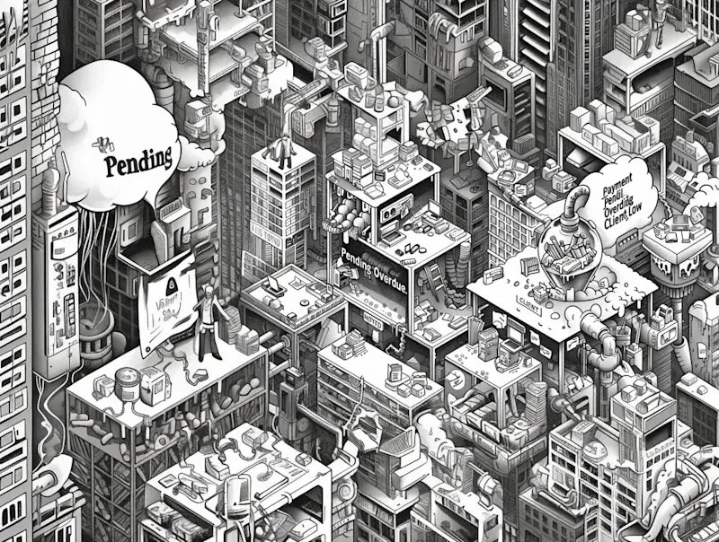 A surreal black-and-white isometric cityscape shows overworked freelancers trapped in chaotic workspaces filled with overdue invoices. 