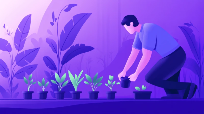 person gardening plants in a row 