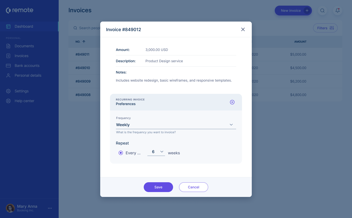 Preview of a recurring invoice on Remote's platform