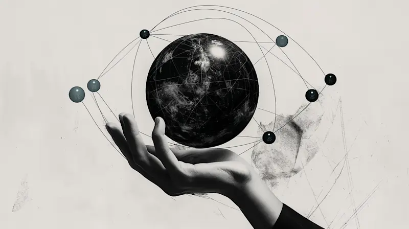 A striking digital illustration of a futuristic hand holding a glowing black sphere, symbolizing AI, data networks, and global connectivity. Abstract lines and nodes represent an interconnected digital world. Perfect for technology, AI, and innovation-related content.