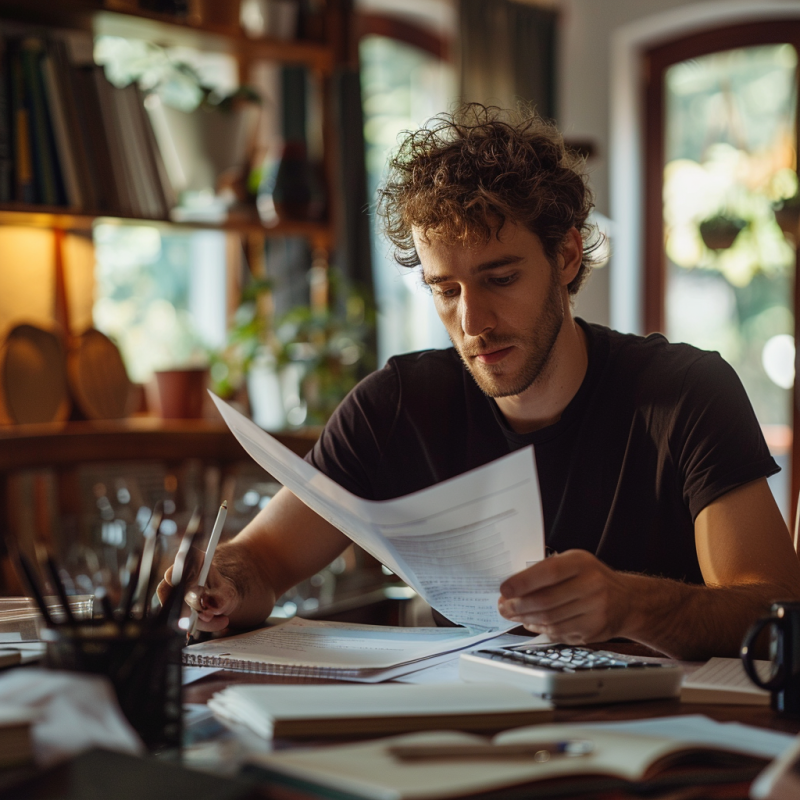 a freelance worker looks through documents at his home office