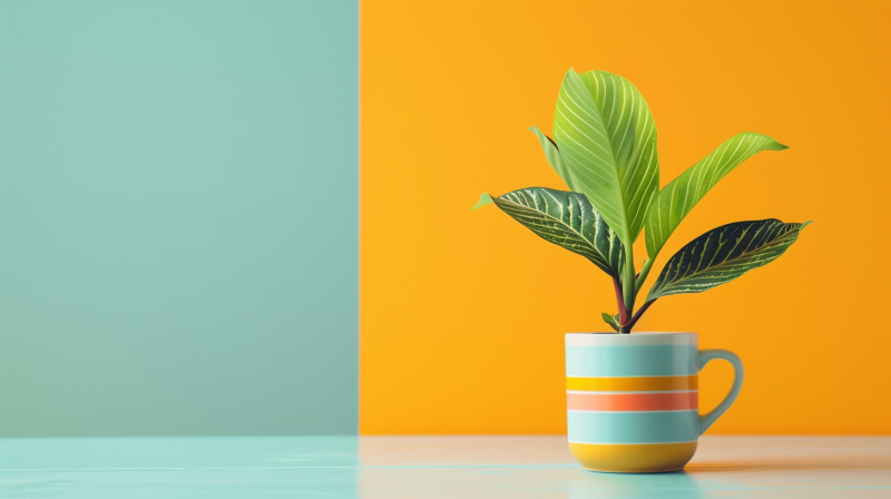 A colorful mug holding a small plant