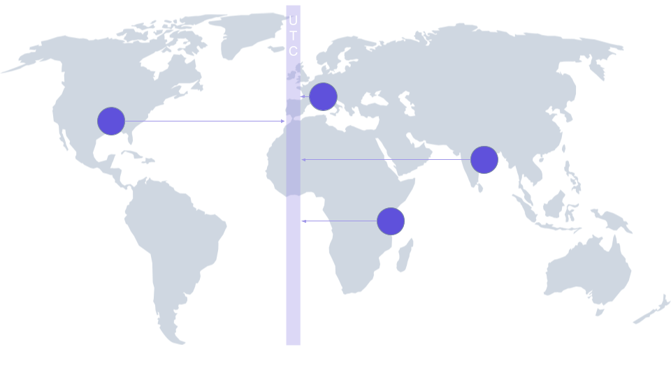 Gray world map with cities using UTC