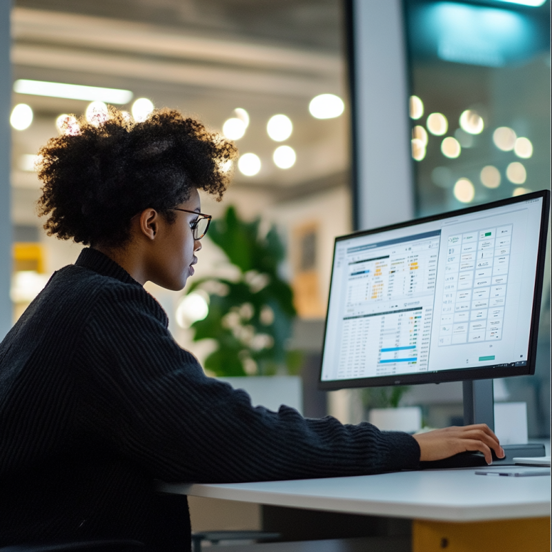 a person sitting in front of a computer and using payroll software