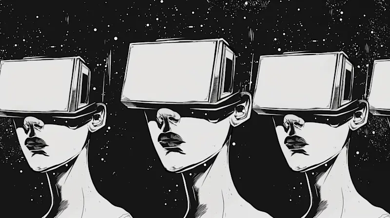 A striking black-and-white illustration of faceless individuals wearing boxy VR headsets, symbolizing AI fatigue and digital overload. This dystopian artwork reflects the increasing disconnect and burnout caused by overreliance on technology in the modern workplace.