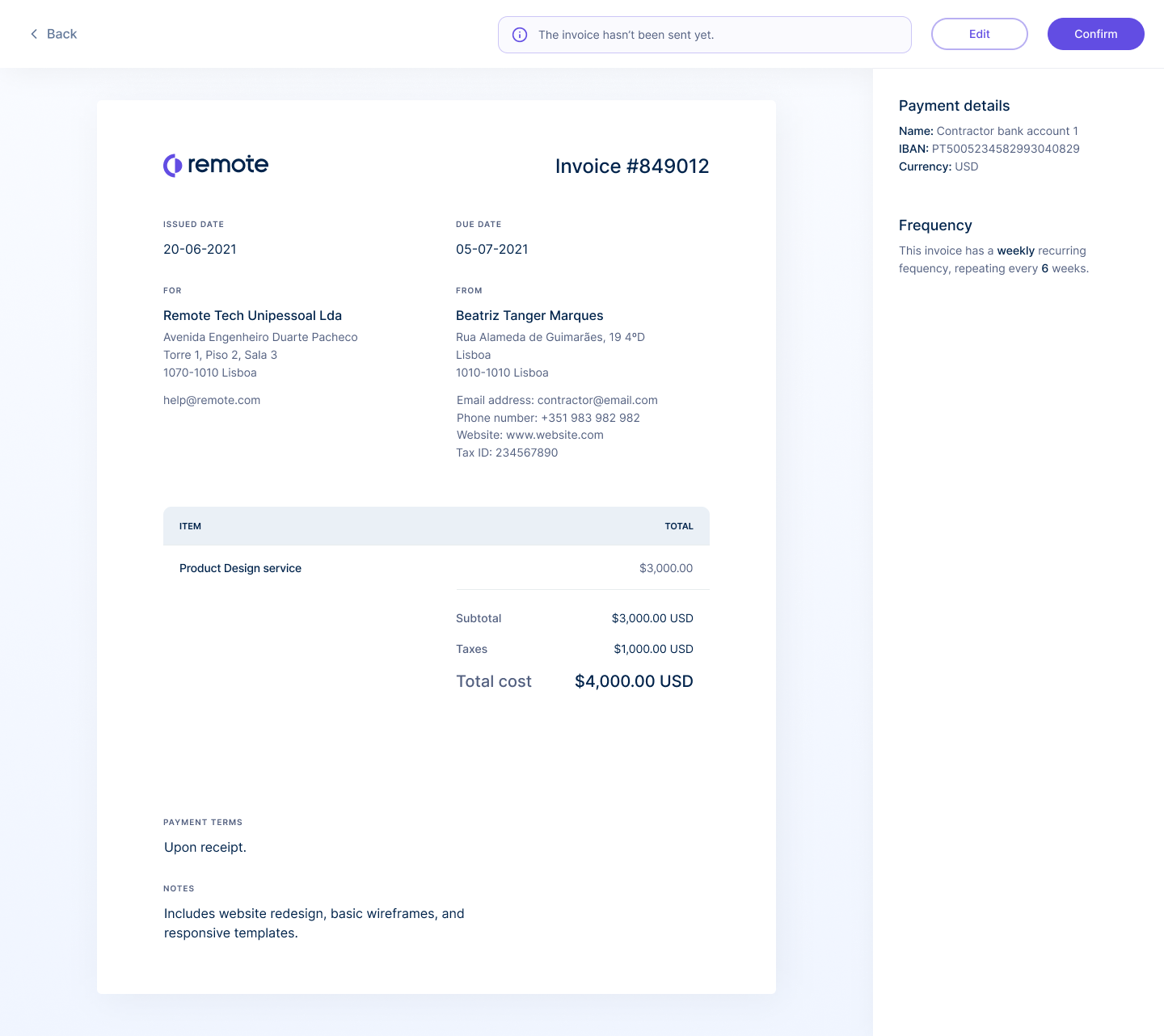 Preview of an in-app created invoice in Remote 