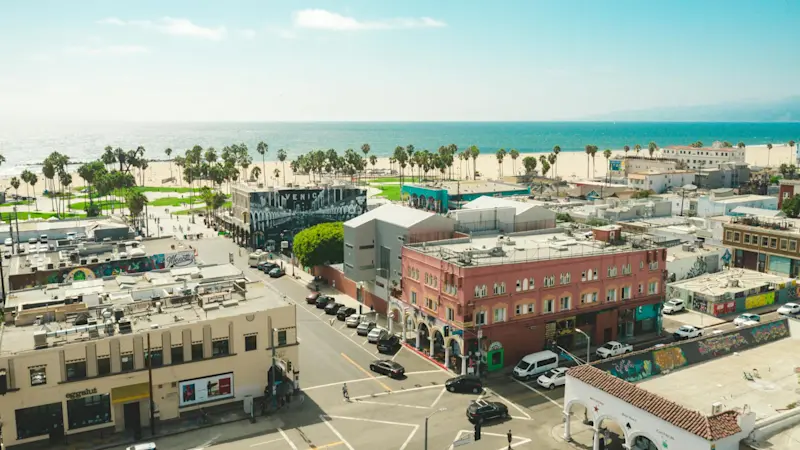 Wide shot of Venice Beach, California.