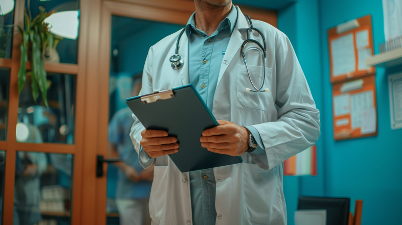 a doctor in an office holding a clipboard