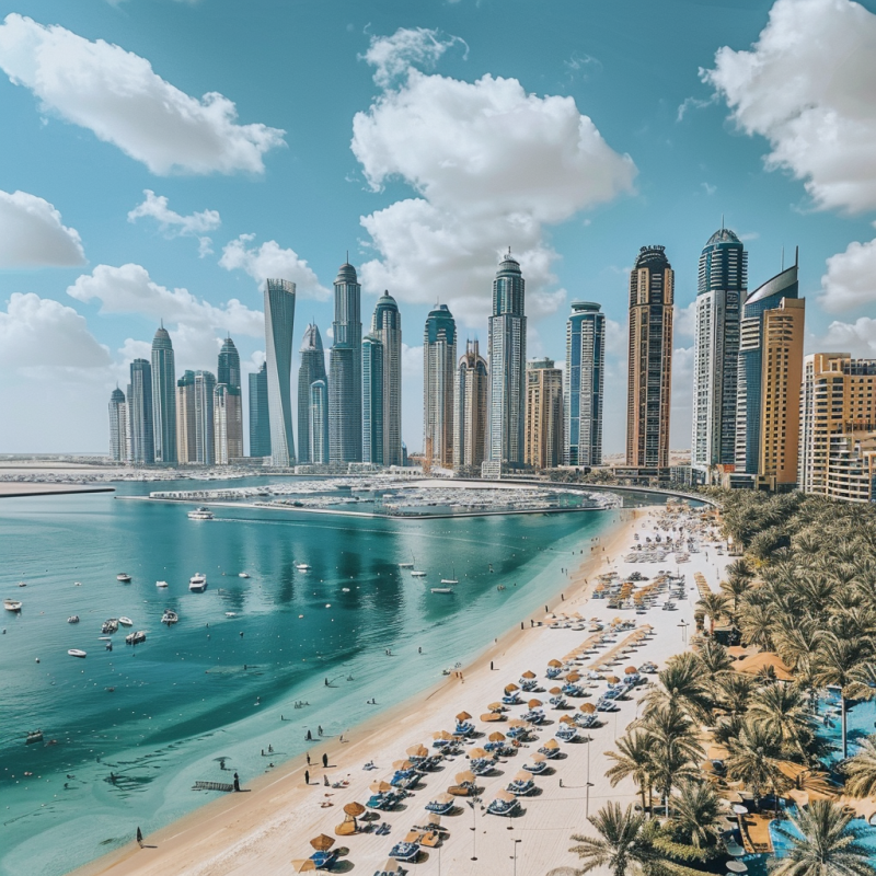 An image of skyscrapers in the UAE alongside a beach