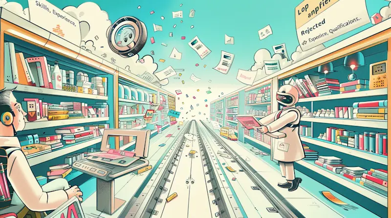 This surreal illustration depicts an applicant tracking system (ATS) as a supermarket conveyor belt, where applications are processed, analyzed, and sorted. Robotic recruiters and AI scanners oversee the hiring journey, blending automation with human-like decision-making.