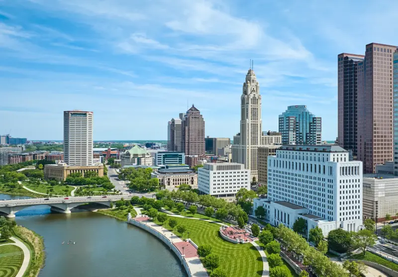 aerial shot of Ohio skyscrapers