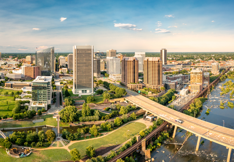 An aerial shot of buildings in Virginia