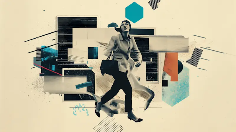 Abstract collage of a businesswoman in motion, symbolizing the balance between workplace flexibility and stability.