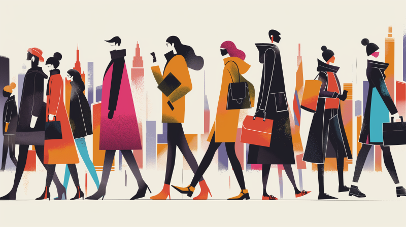 people in a trendy art style walking in a city