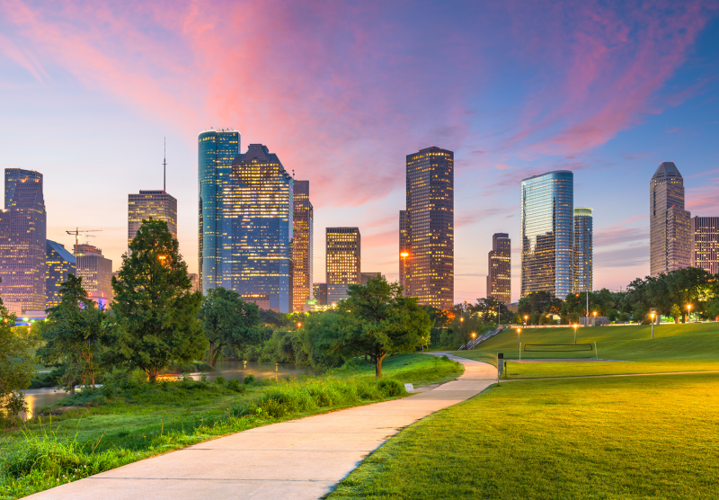 an evening shot of Texas skyscrapers