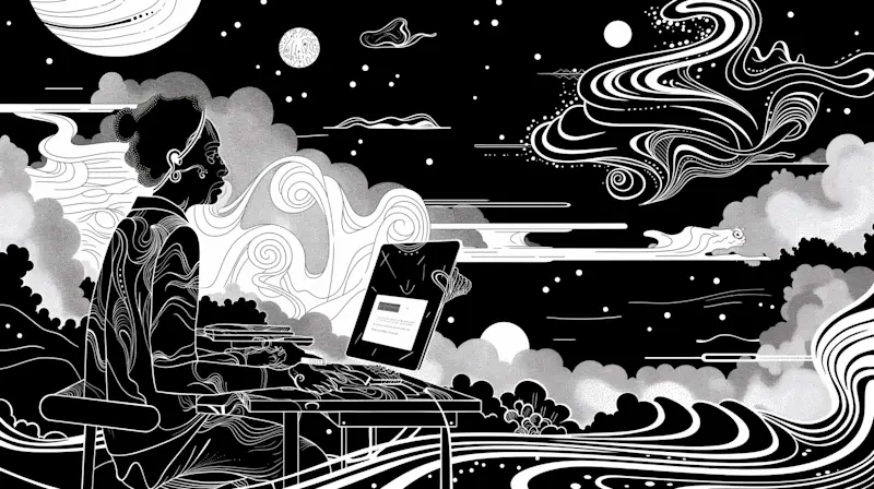 A dreamlike black-and-white illustration depicts a remote worker immersed in a cosmic, fluid environment, where swirling patterns and abstract waves symbolize the interplay between digital nudges, cognitive flow, and neurodiverse-friendly workspaces.