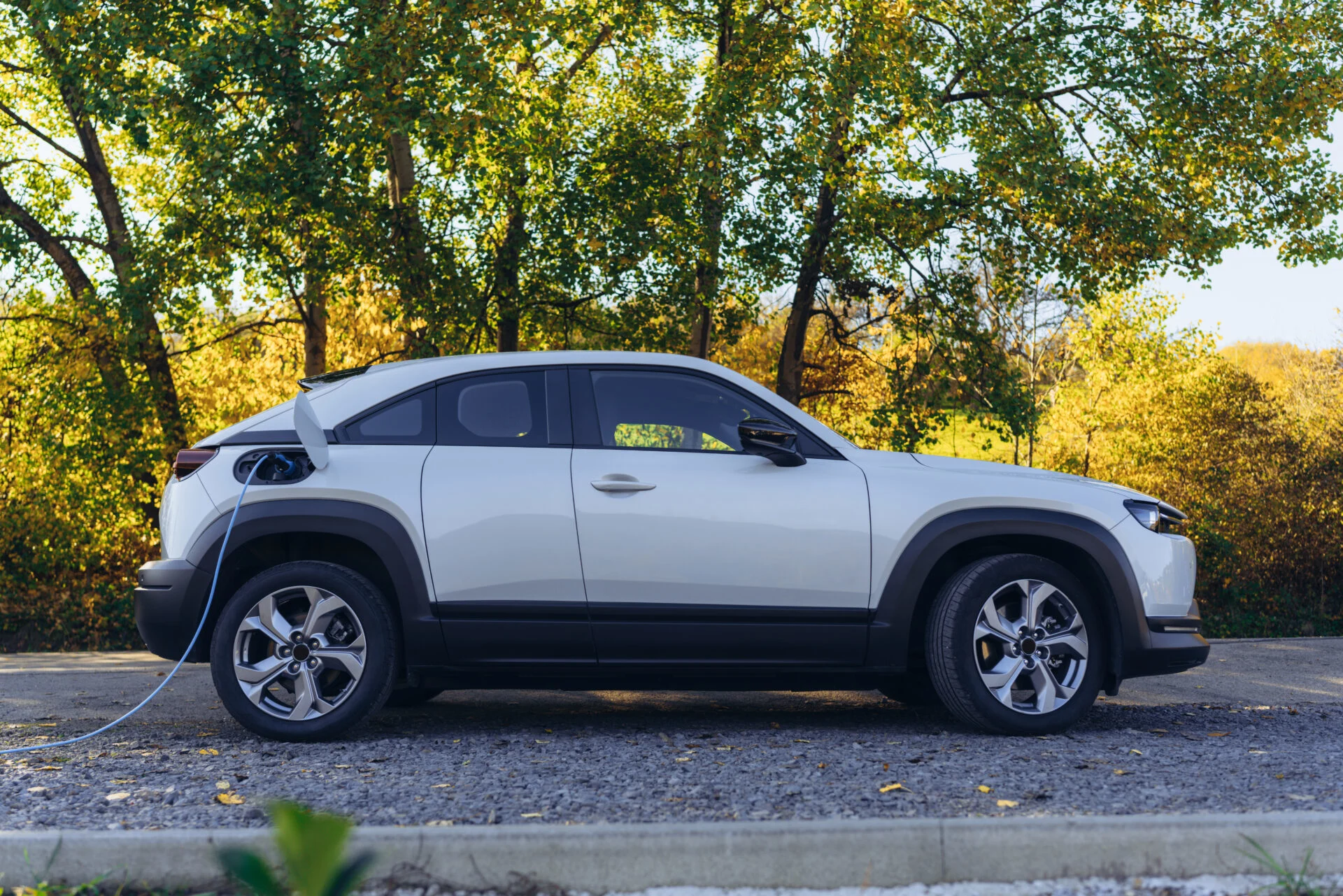 Charging an electric car in home,sustainable transportation concept.