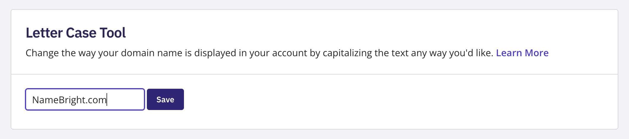 The Letter Casing page showing the pre-filled domain name field and Save button