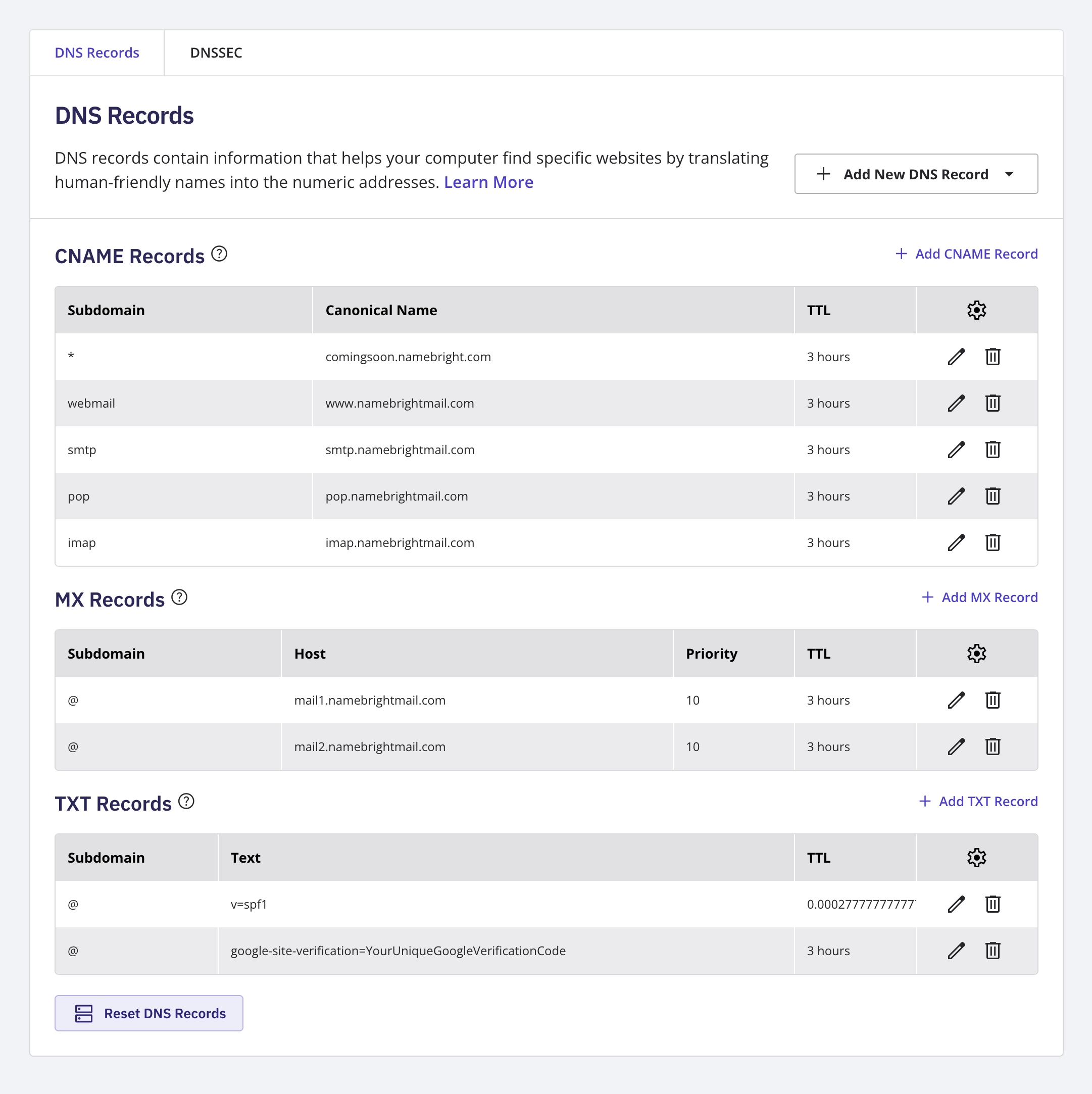 The Manage DNS Records screen, showing the record list with type/host/value/TTL columns