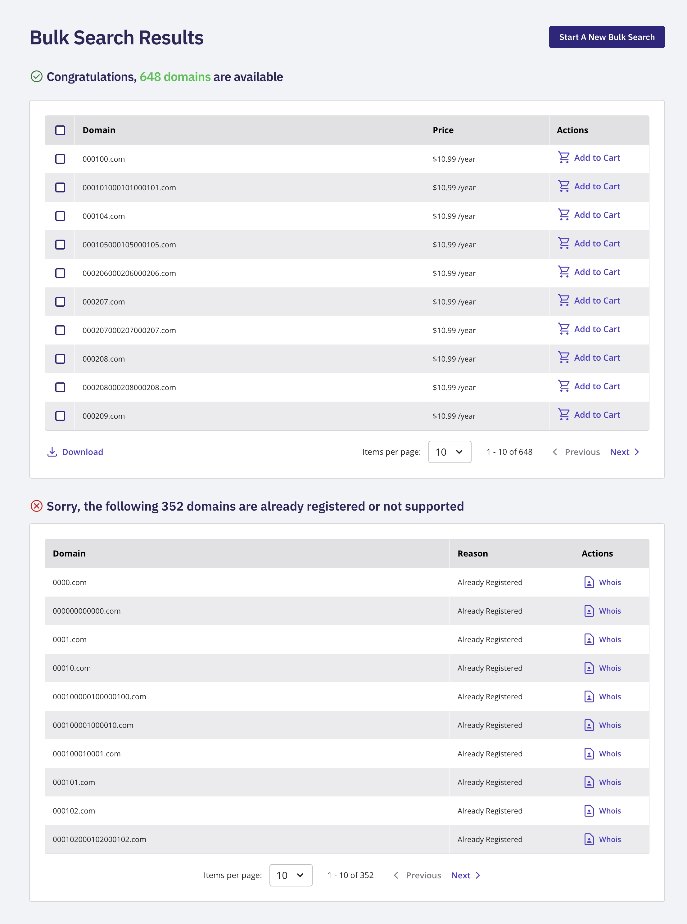 The Bulk Search results table, showing the select-all checkbox in the header row