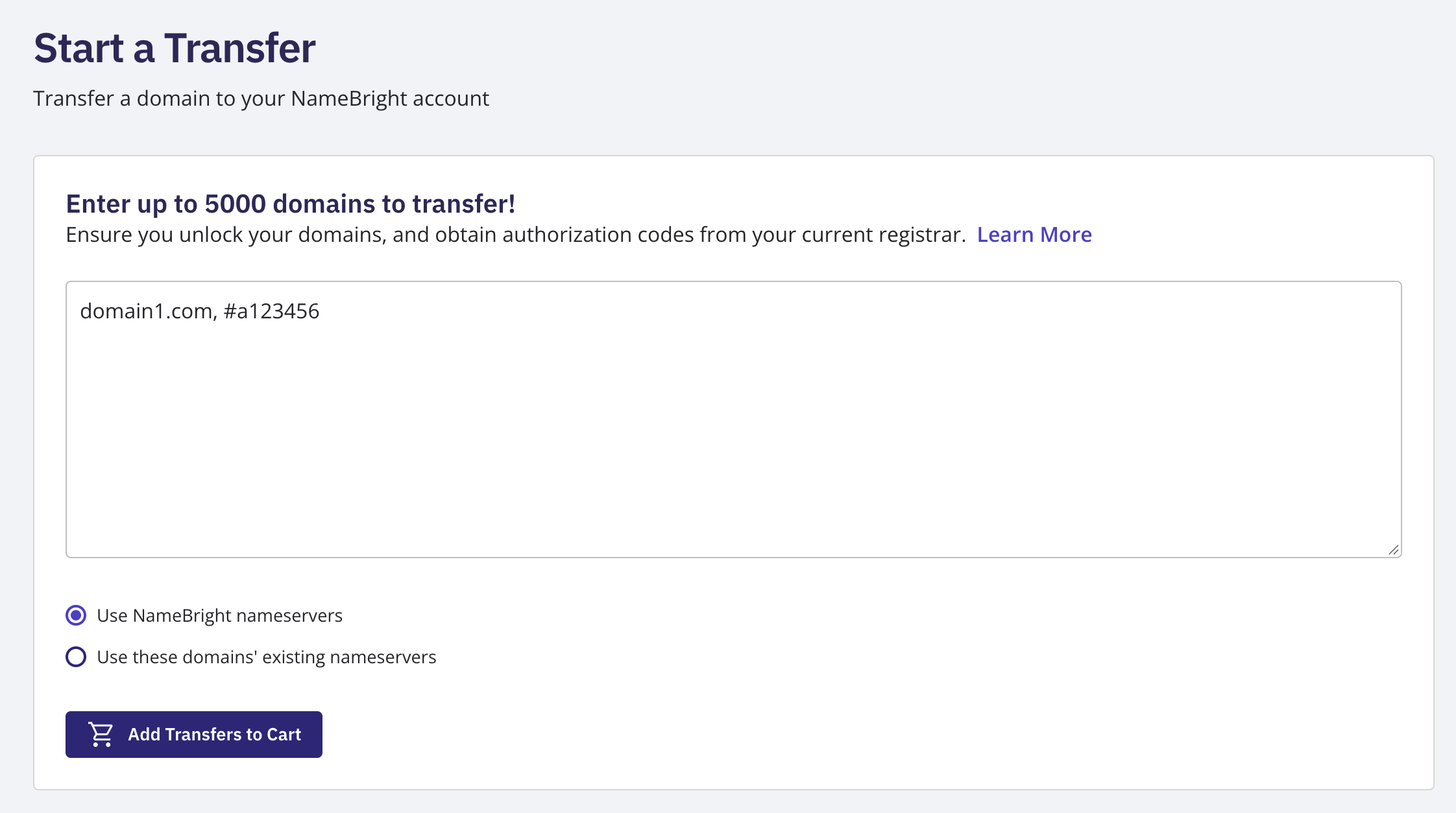 Start Transfer form showing the domain name and auth code fields