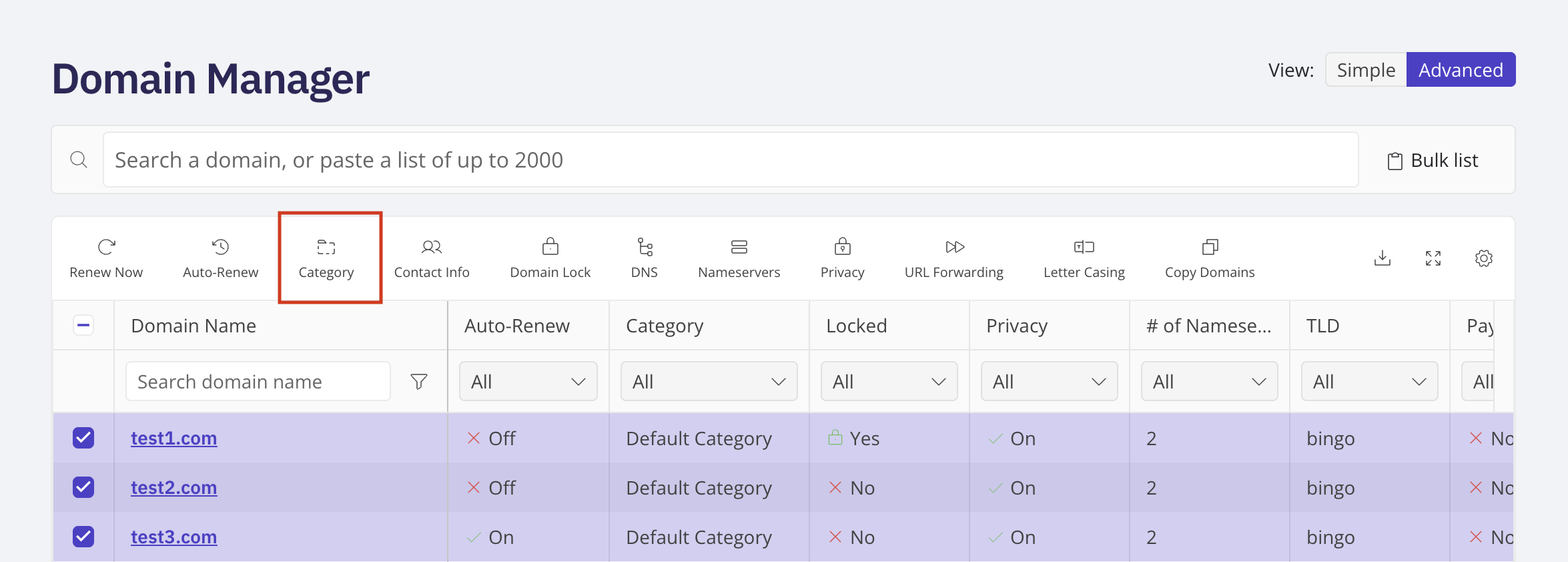 Domain Manager Advanced view with several domains selected and the Category button visible in the bulk action bar