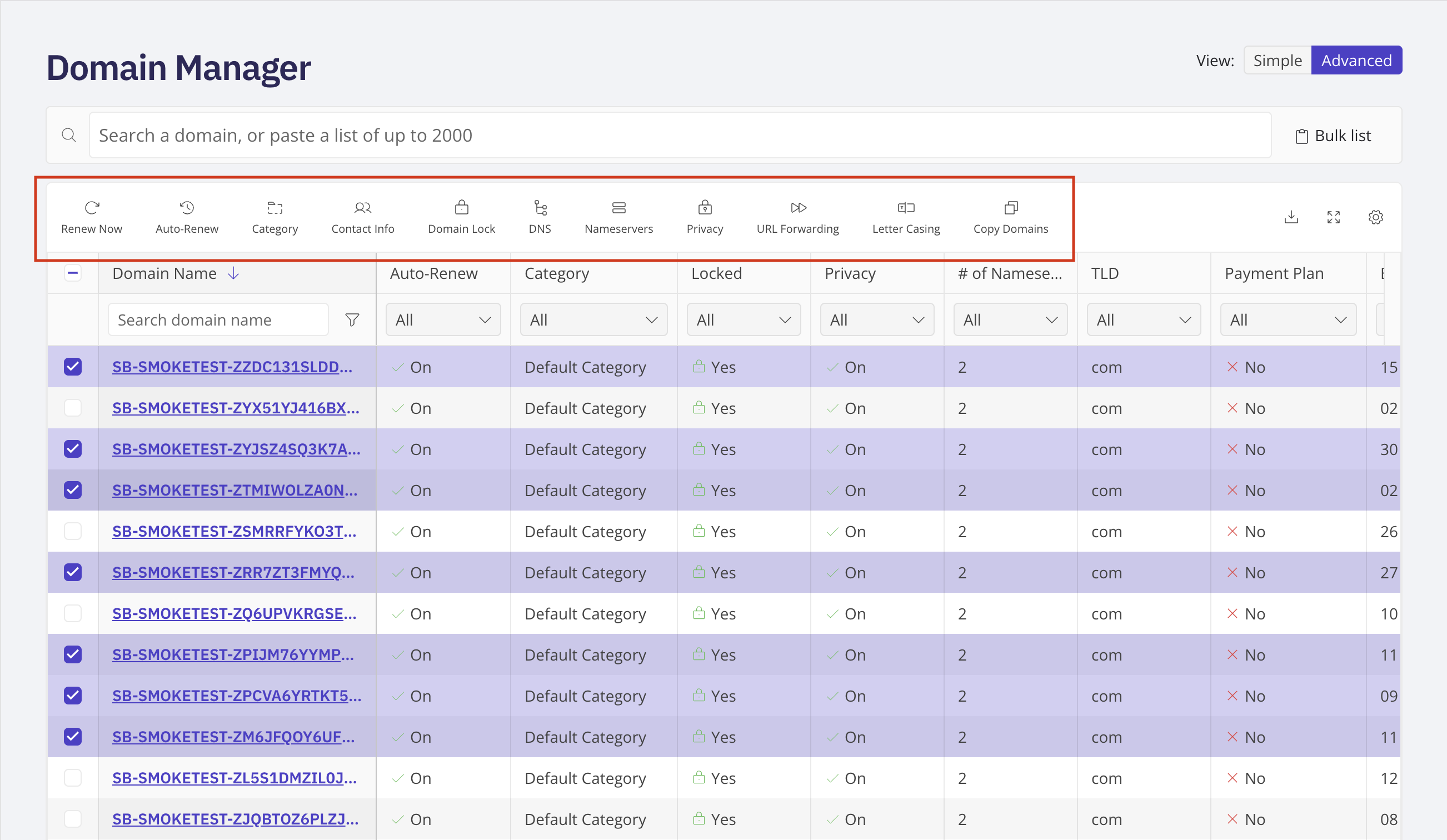 Domain Manager Advanced view with several domains selected and the bulk action buttons active above the domain table