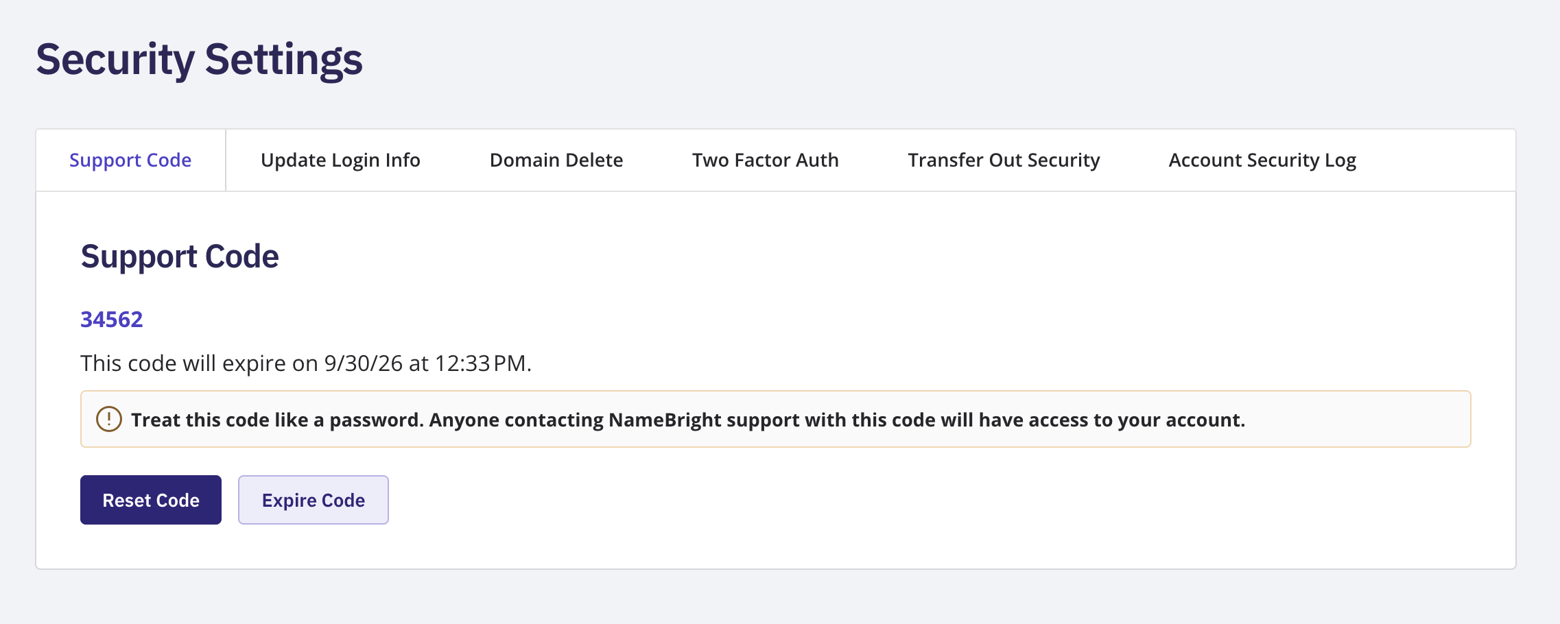 The Support Code page showing the generated code and its expiration date and time