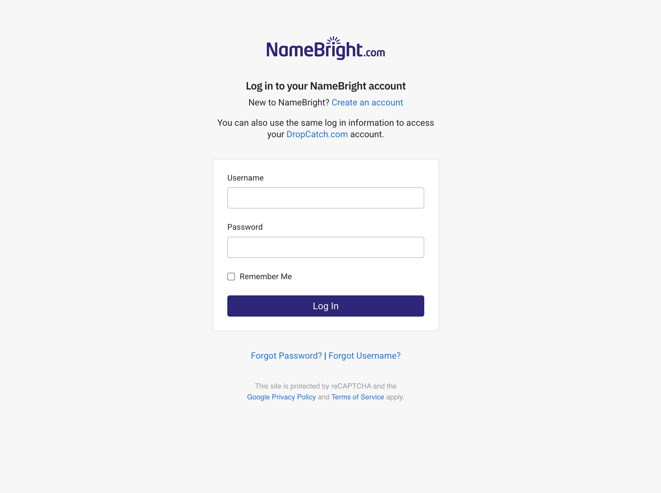 The NameBright login page