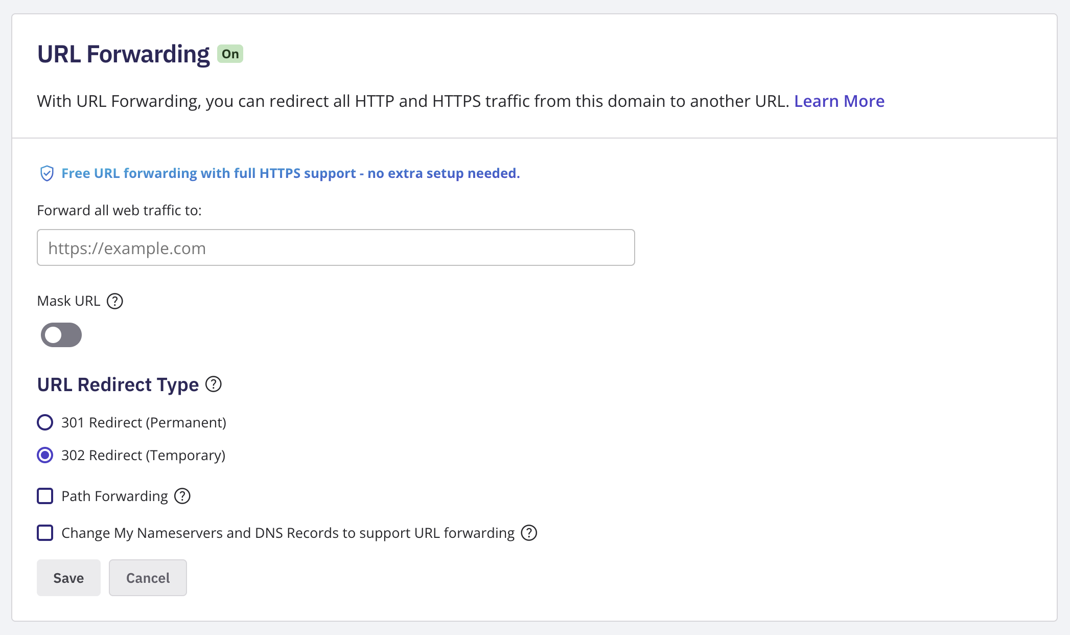 The Manage URL Forwarding screen with Mask URL off, showing Forward All Web Traffic To, Mask URL, URL Redirect Type, Path Forwarding, and the required checkbox