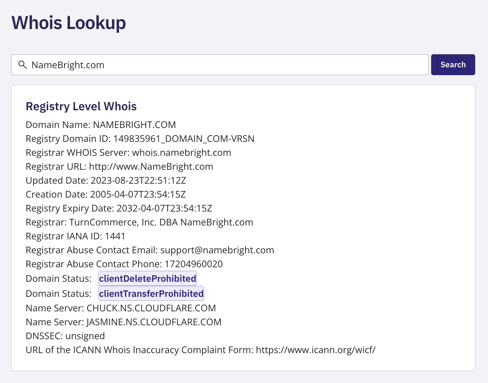 The WHOIS lookup tool at namebright.com/whois showing a sample lookup result