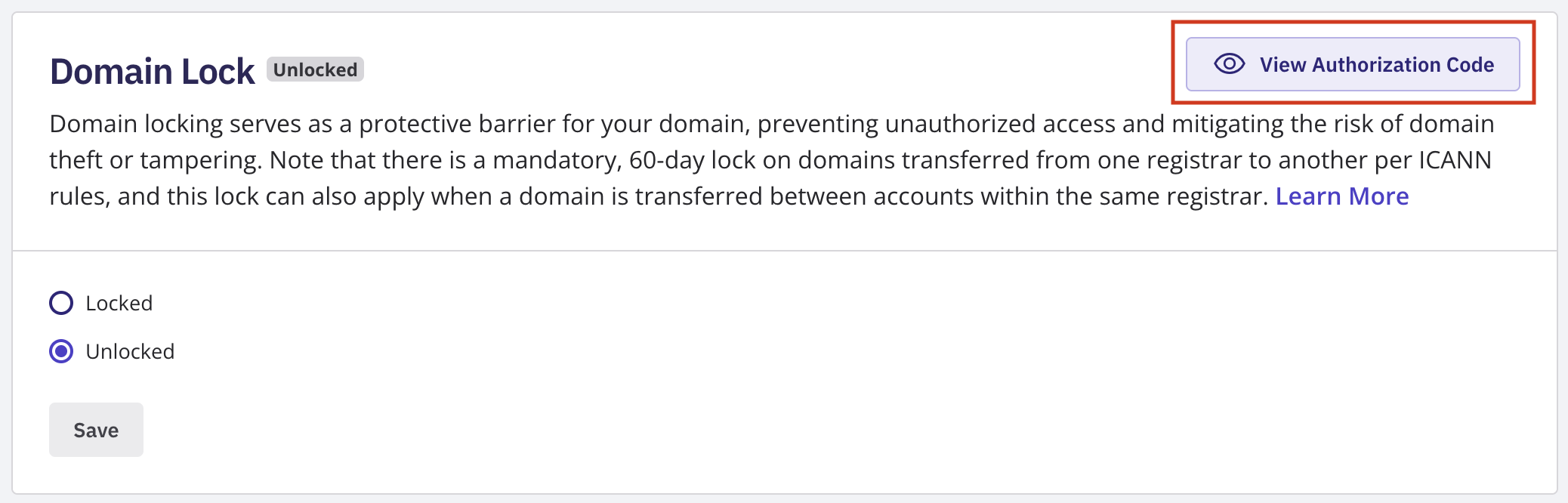 Domain Manager transfer tab showing the unlock toggle switched off and the View Auth Code button enabled