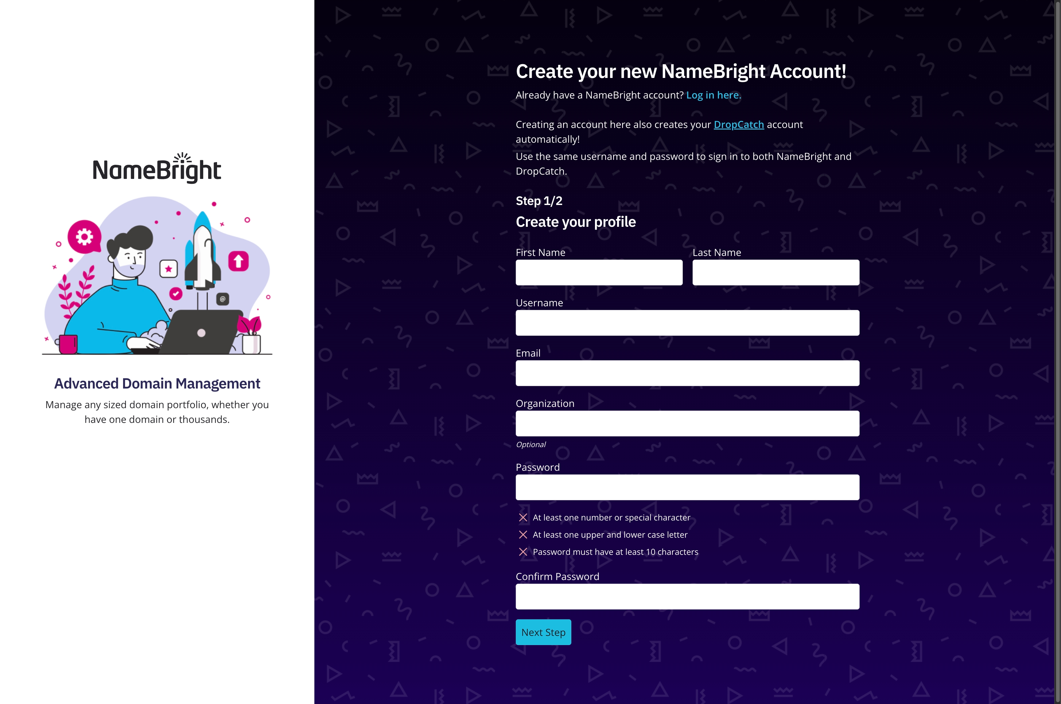 The create-account profile screen at my.namebright.com/create-account
