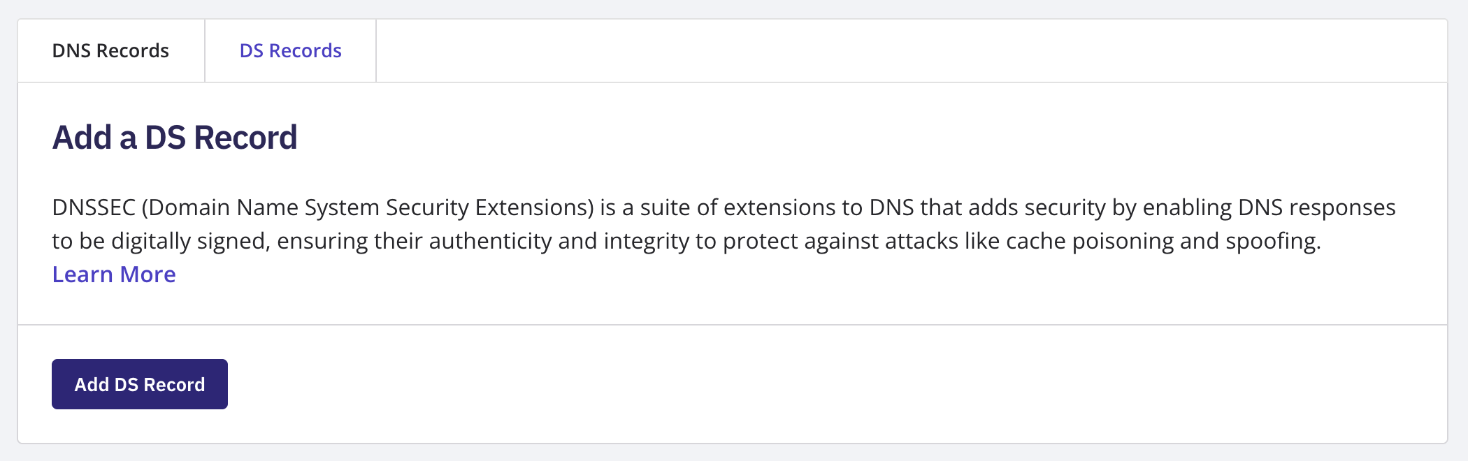 The Manage DNS screen with the DS Records tab selected, showing the Key Tag, Algorithm, Digest Type, and Digest fields
